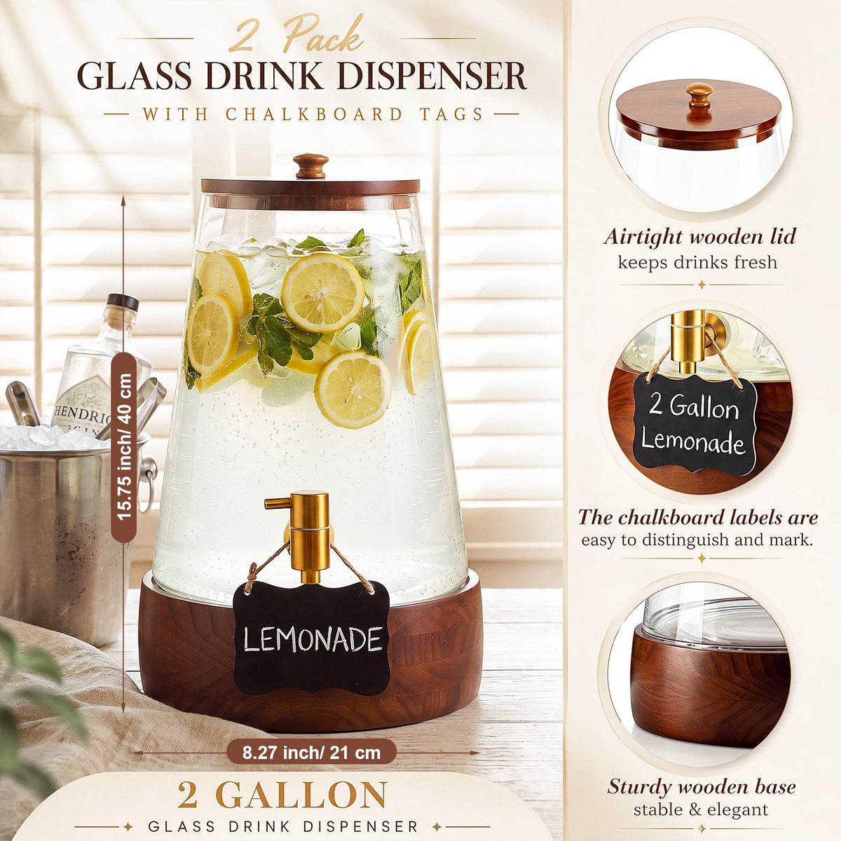 2 Sets 2 Gallon Glass Drink Dispenser with Wooden Base Stand X765
