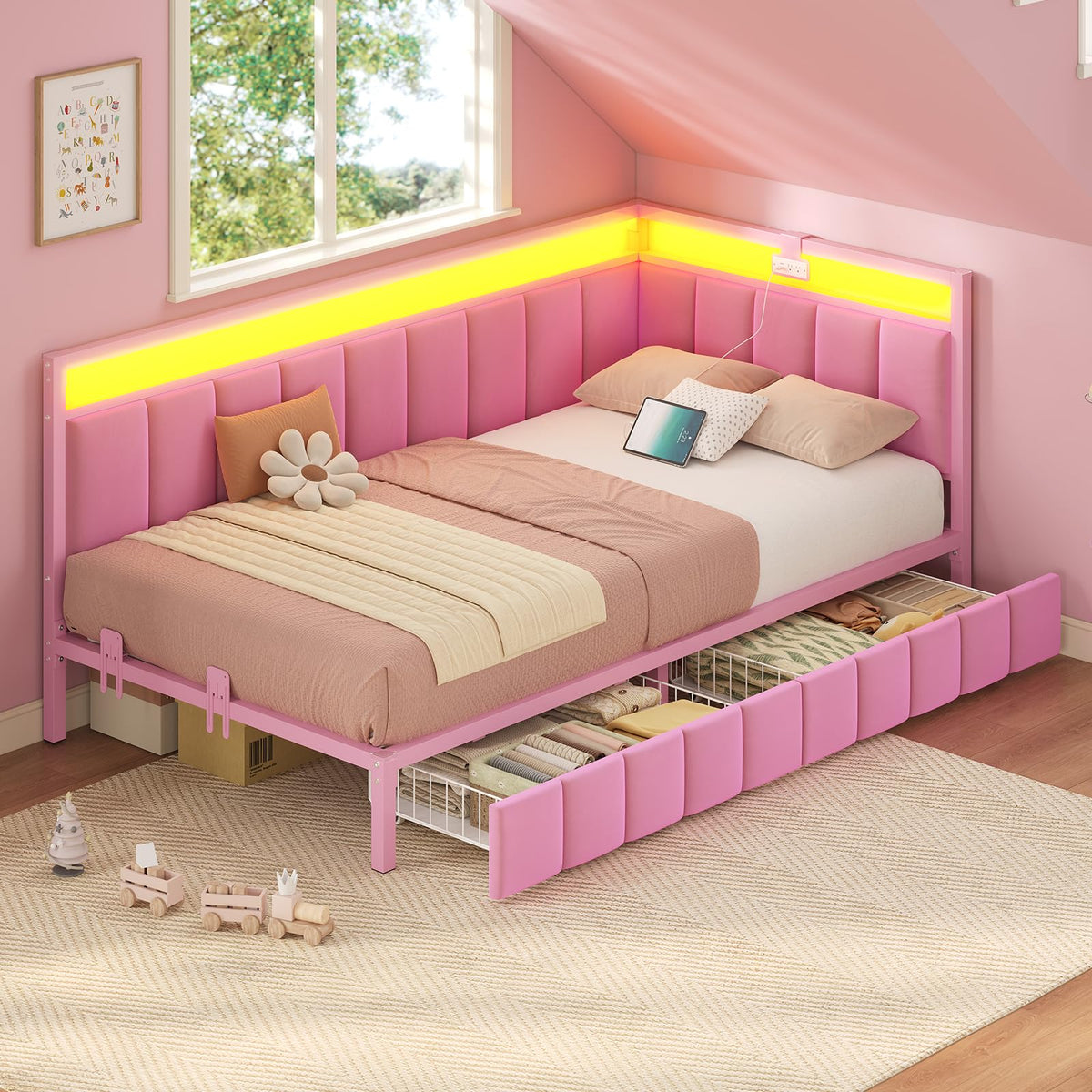Pink Twin Size Corner Bed Frame with Storage Drawers A153