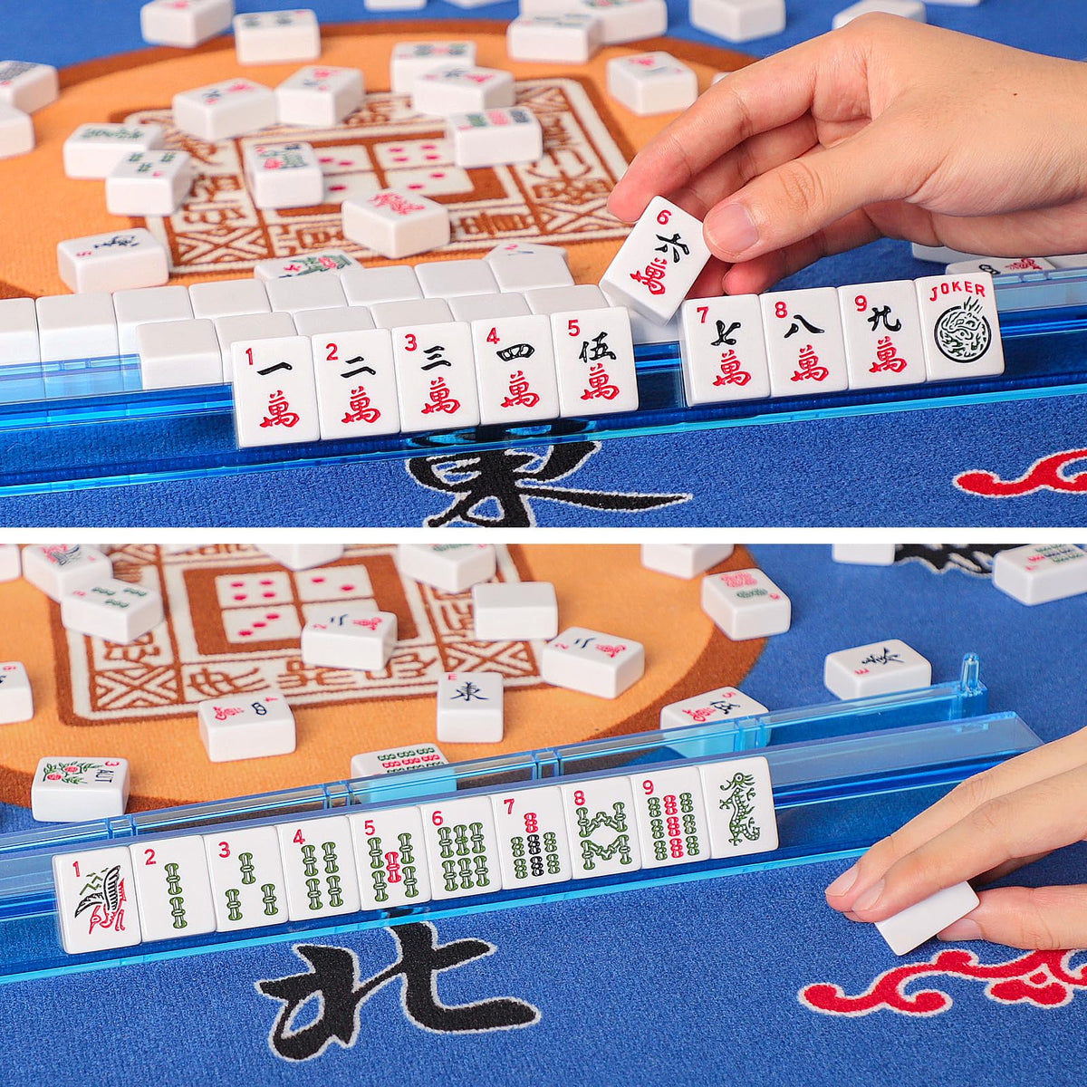 American Mahjong Game Set, 166 White Tiles, 4 Color Rack/Pushers, Blue Carrying Bag J569607