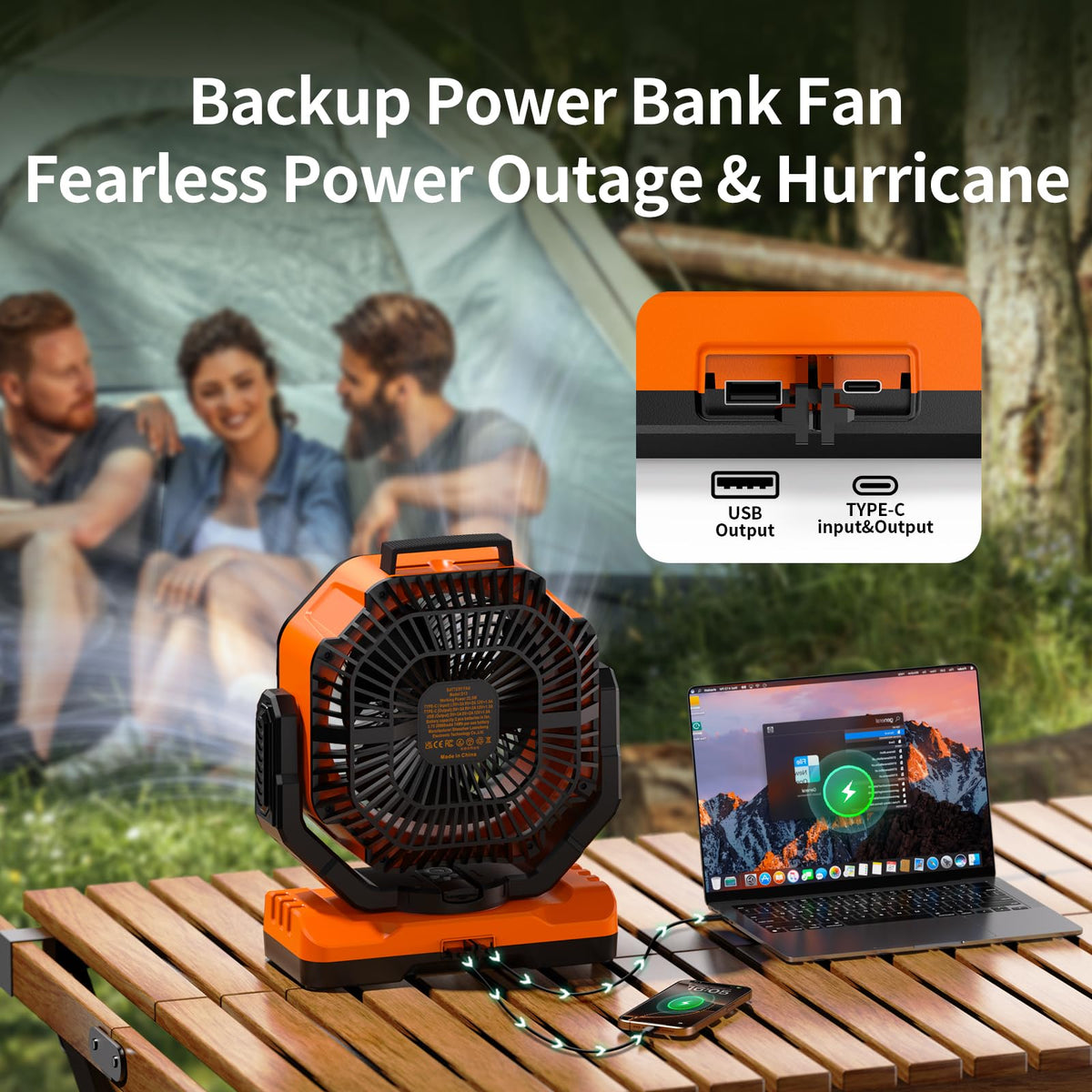 40000mAh Rechargeable Portable Camping Fan with Light & Timer A780988