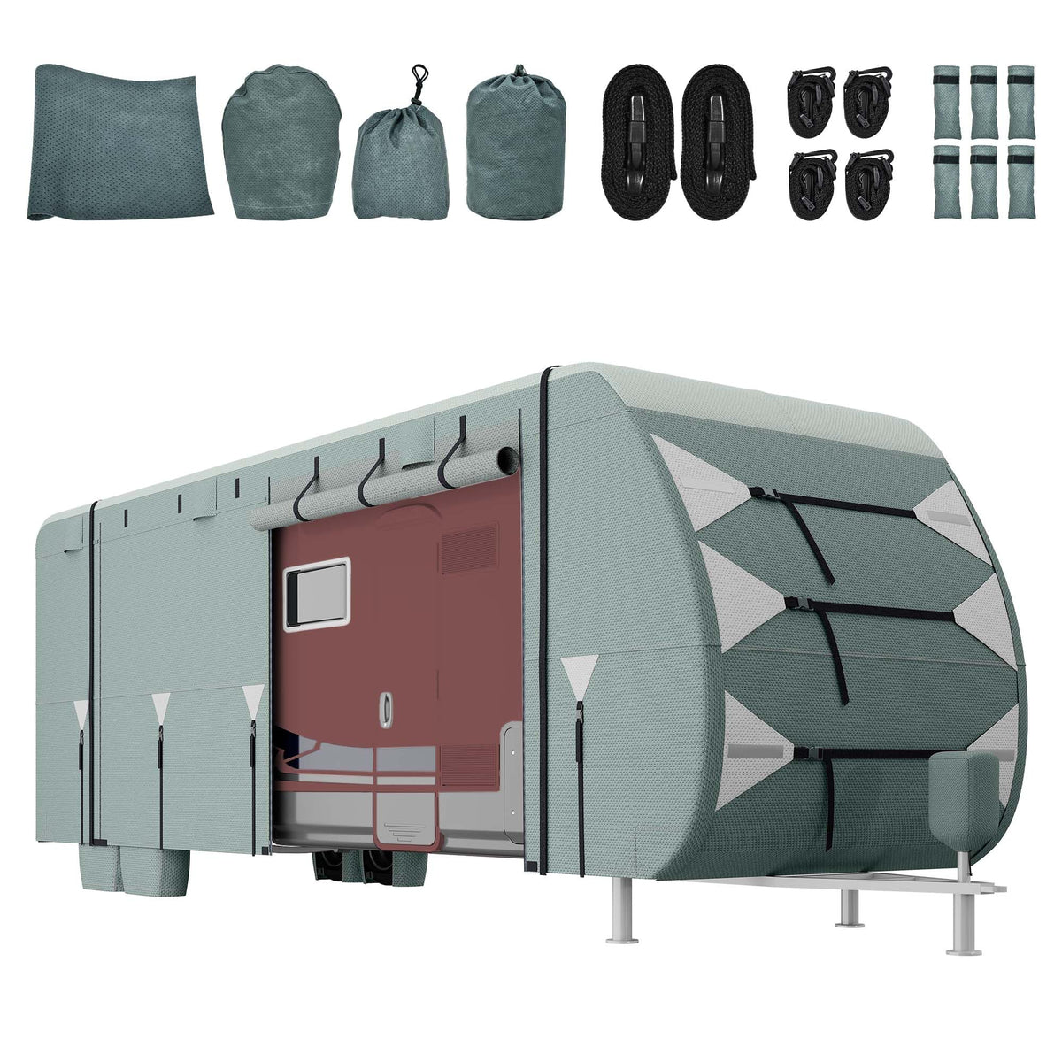 24-27FT Waterproof 7-Layer Camper Cover with Tongue Jack Cover, Tire Covers, Gutter Covers H5587
