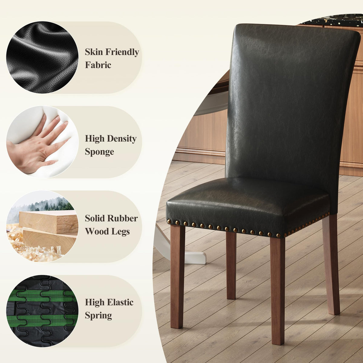 Black Leather Dining Chairs Set of 2 with Wood Legs S823801