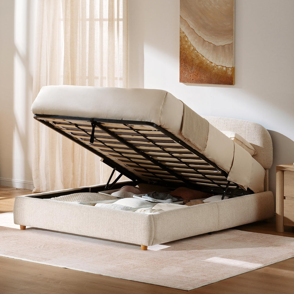 Queen Lift Up Storage Bed Frame with Adjustable Headboard, Beige P314
