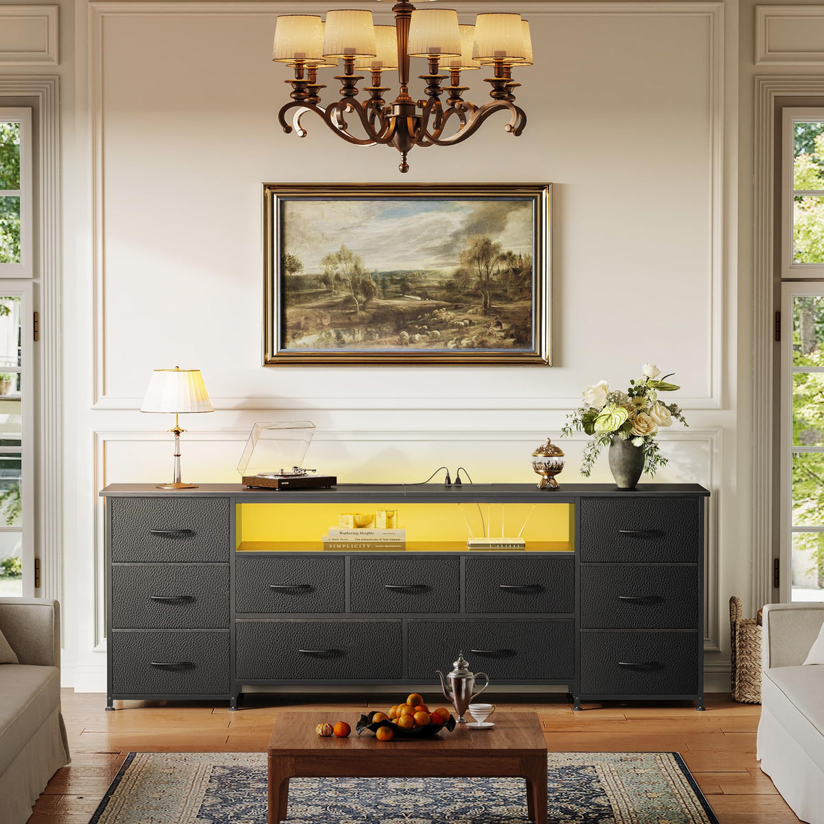 63 Inch 11 Drawer TV Stand with Power Outlets and LED Lights R952