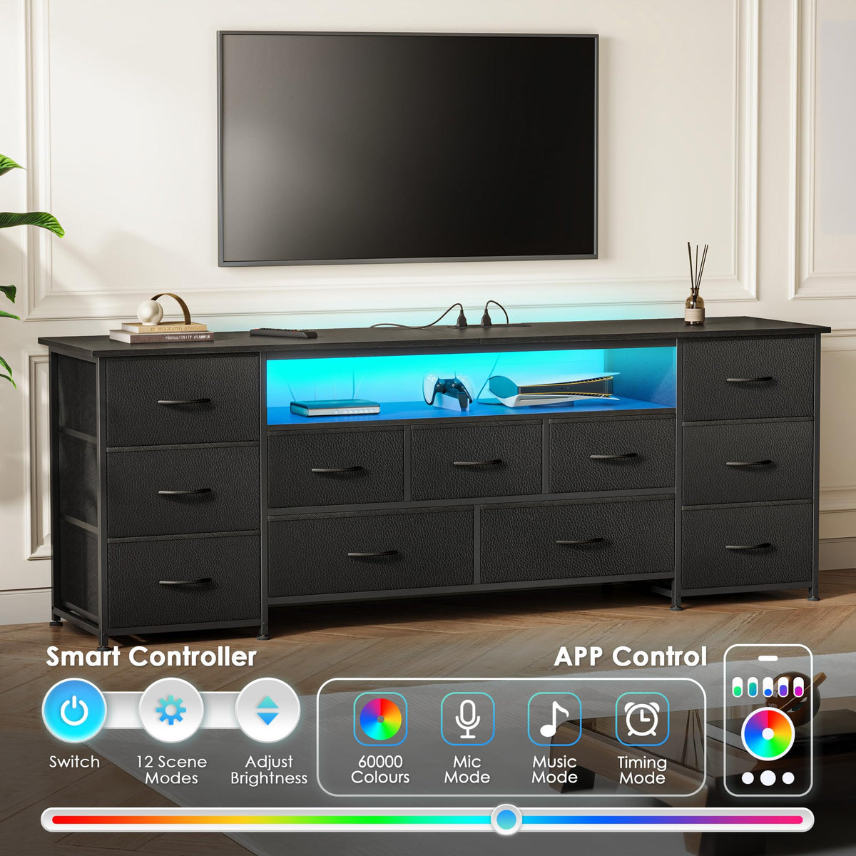 63 Inch 11 Drawer TV Stand with Power Outlets and LED Lights R952