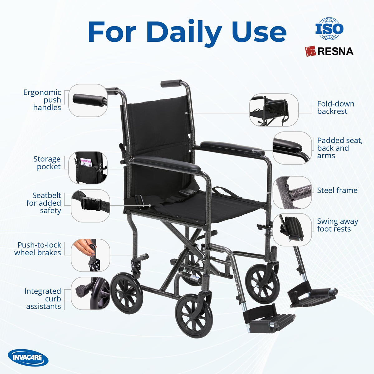 Compact Lightweight Steel Transport Wheelchair with 19in Seat F641435