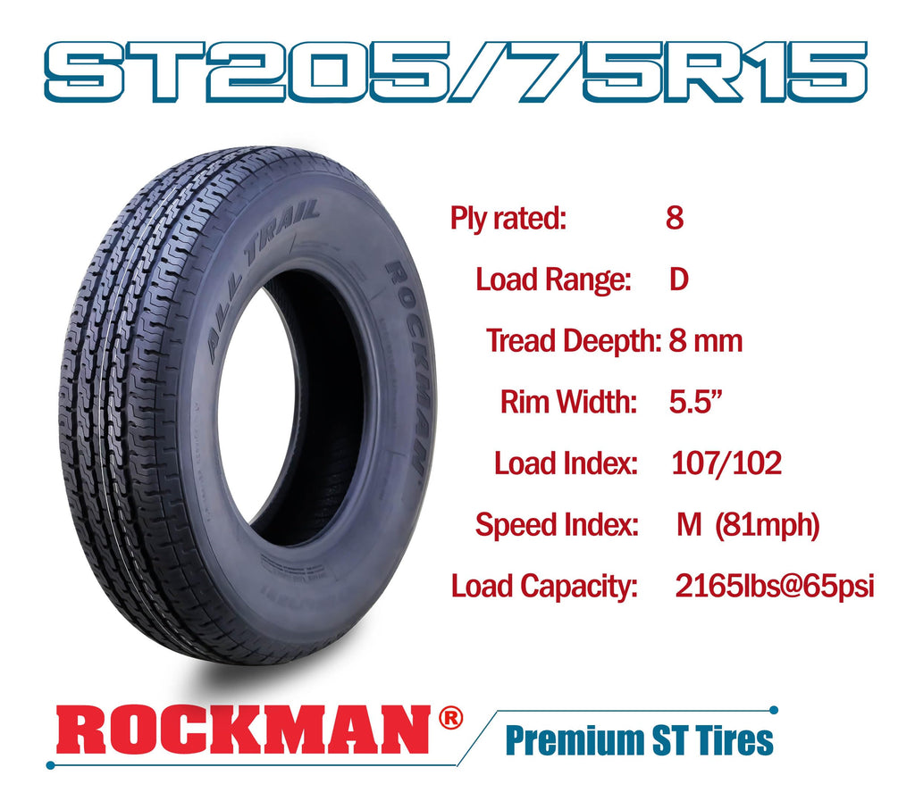 Trailer Tire Wheel ST205/75R15 8PR D 107M 5X4.5" PCD Silver Mod Rim X9711