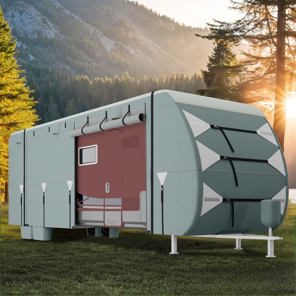 24-27FT Waterproof 7-Layer Camper Cover with Tongue Jack Cover, Tire Covers, Gutter Covers H5587