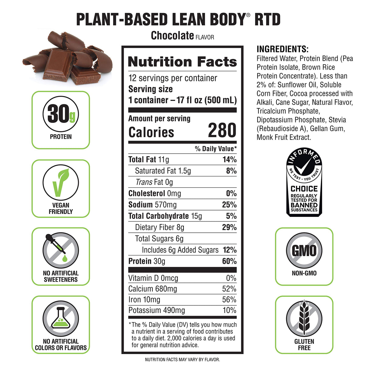 Plant-Based Vegan Chocolate Protein Shake, 30g Protein, Pack of 12 L606341