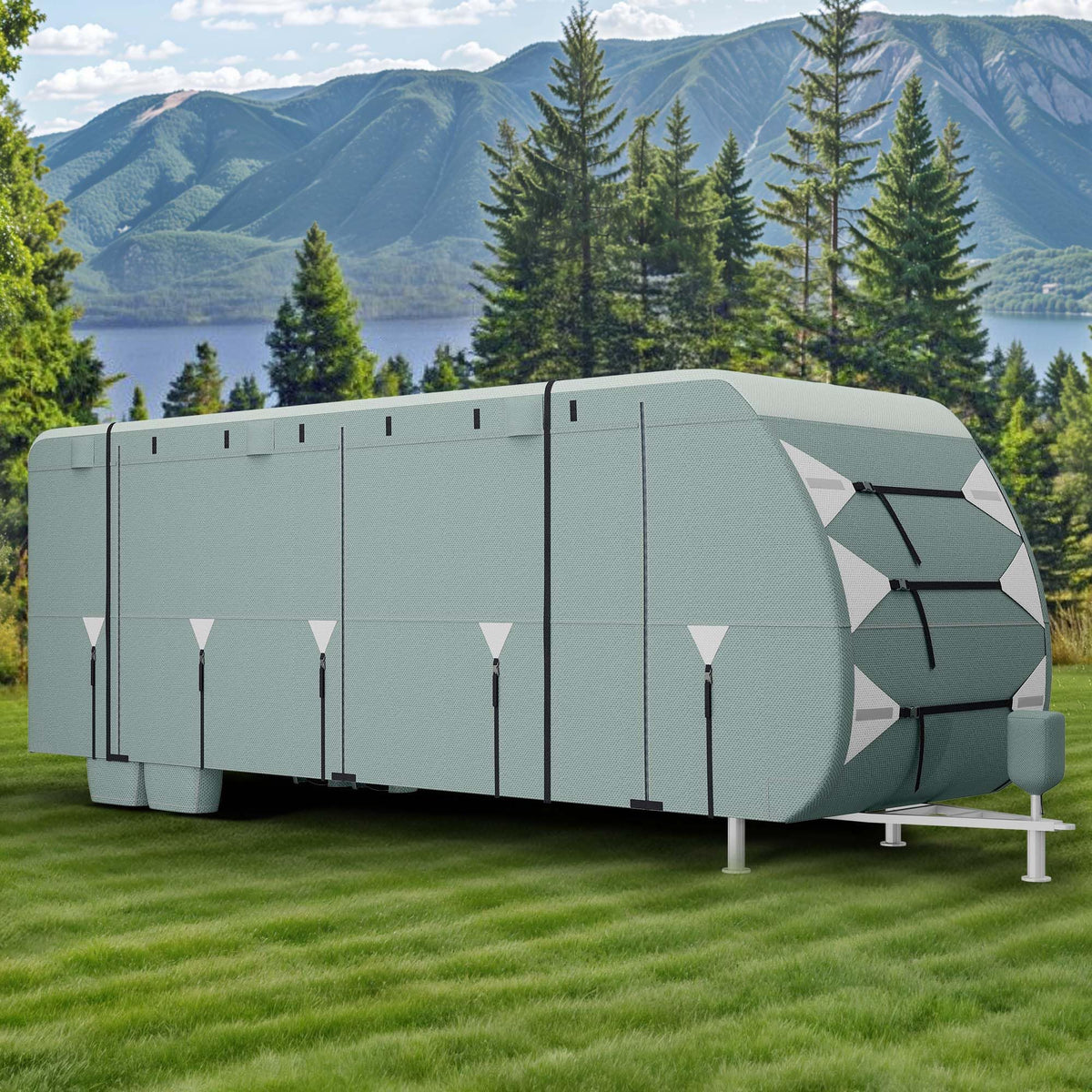 24-27FT Waterproof 7-Layer Camper Cover with Tongue Jack Cover, Tire Covers, Gutter Covers H5587