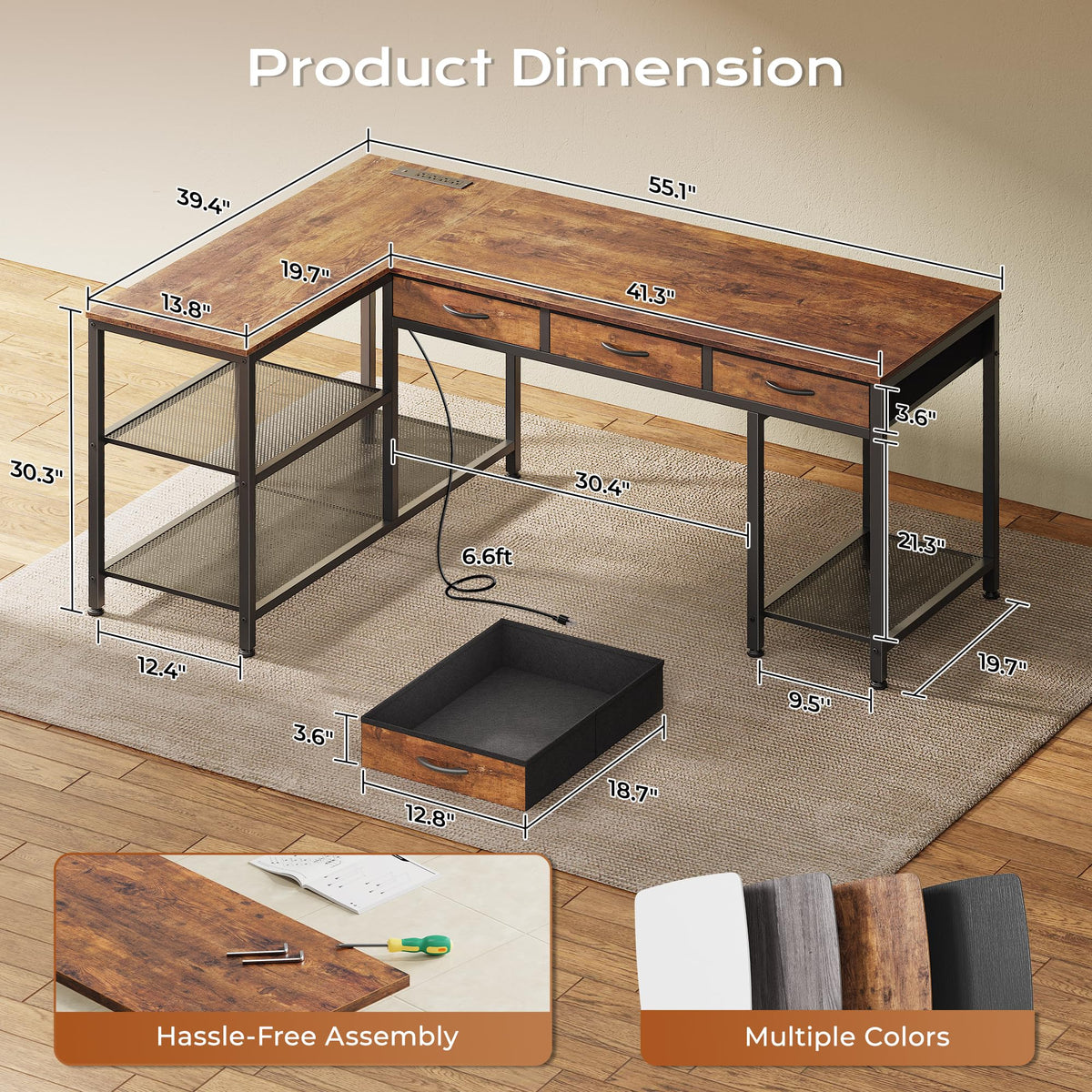 55 Inch L Shaped Office Desk with Power Outlets and Type-C Port E470