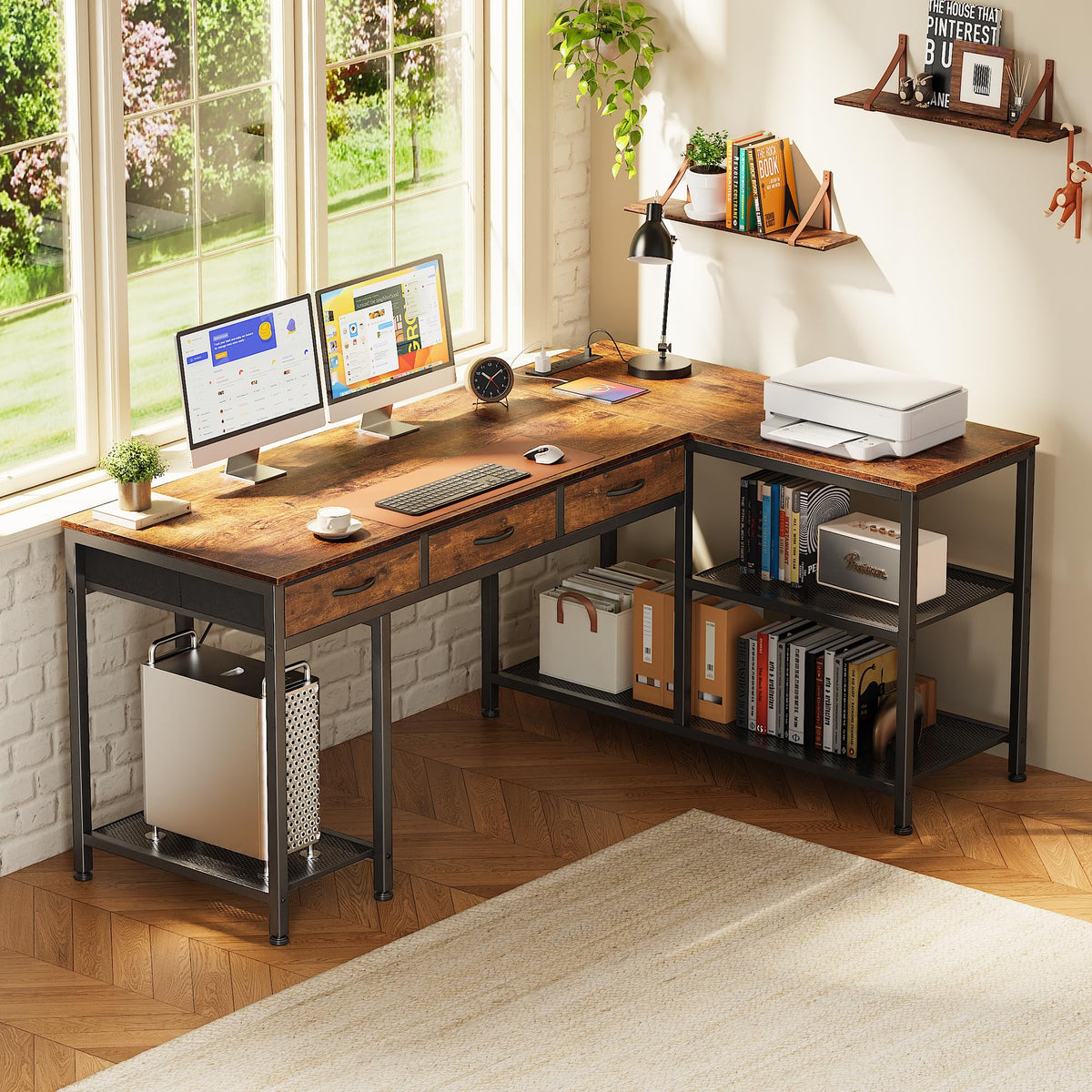 55 Inch L Shaped Office Desk with Power Outlets and Type-C Port E470