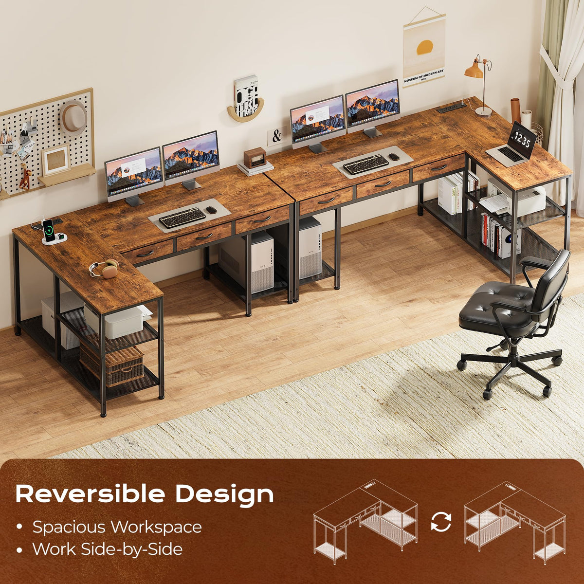 55 Inch L Shaped Office Desk with Power Outlets and Type-C Port E470