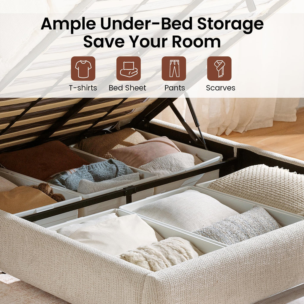 Queen Lift Up Storage Bed Frame with Adjustable Headboard, Beige P314