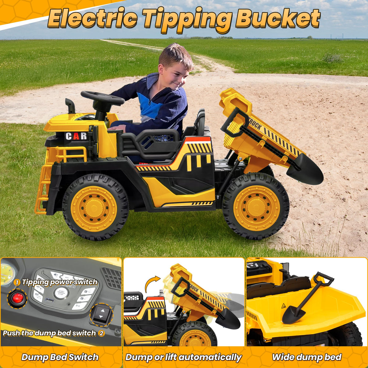 24V 2 Seater Ride on Dump Truck with 400W Motors, Yellow J7486