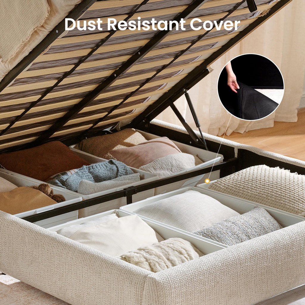 Queen Lift Up Storage Bed Frame with Adjustable Headboard, Beige P314